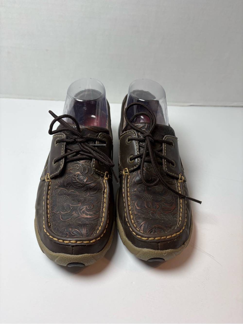 Twisted X Floral Embossed Brown Leather Lace-up Boat Shoes Size 7.5M